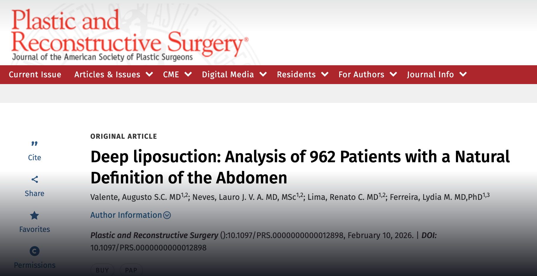 Artigo 'Deep liposuction: Analysis of 962 Patients with a Natural Definition of the Abdomen' publicado na Plastic and Reconstructive Surgery, com autores e DOI.